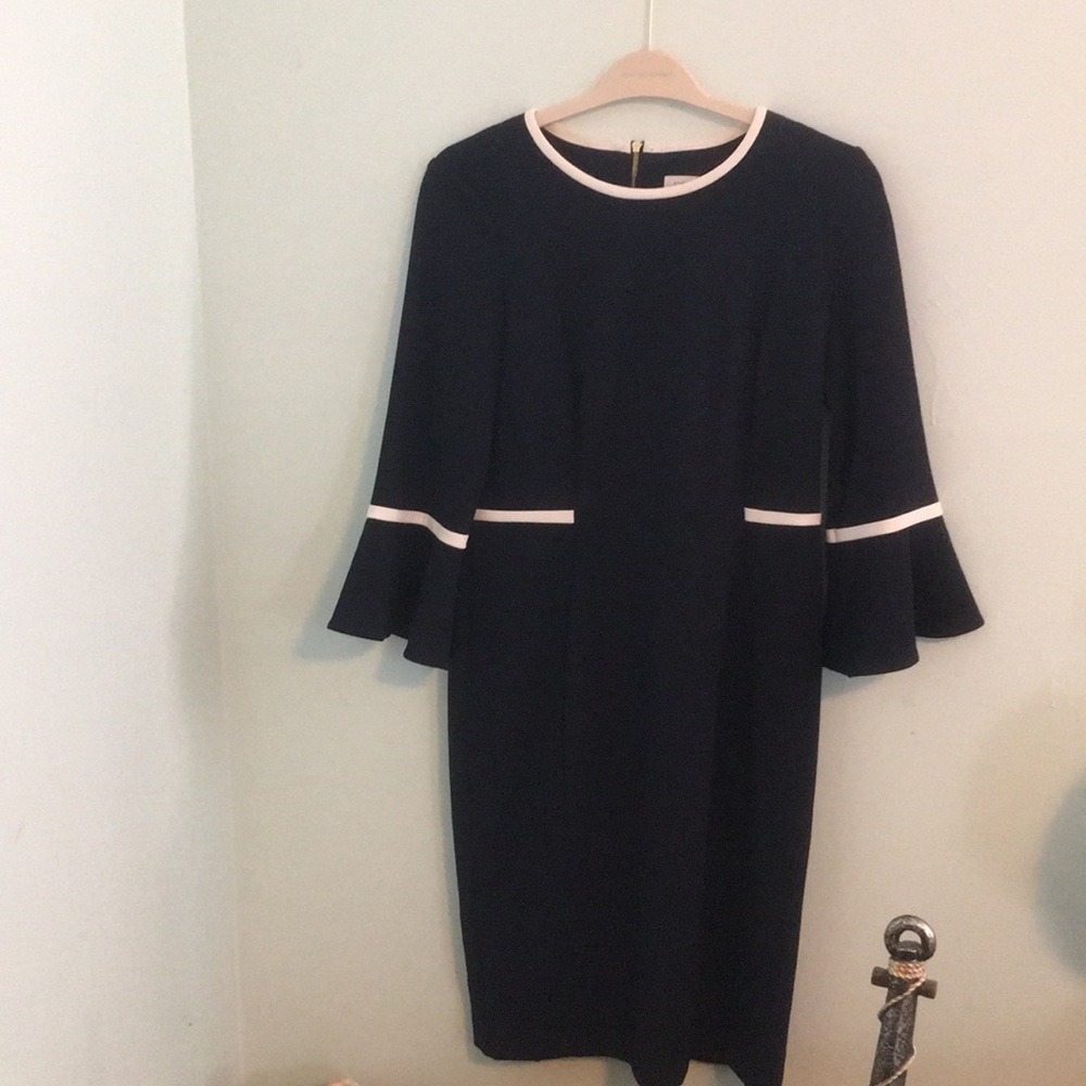 Navy Calvin Klein Piped Bell-Sleeve Sheath Dress.